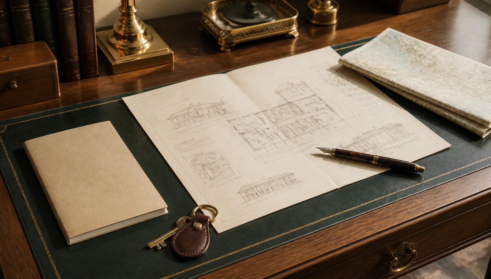 A walnut working table bearing an architectural plan, a plain notebook, a brass residence key and a folded city map.