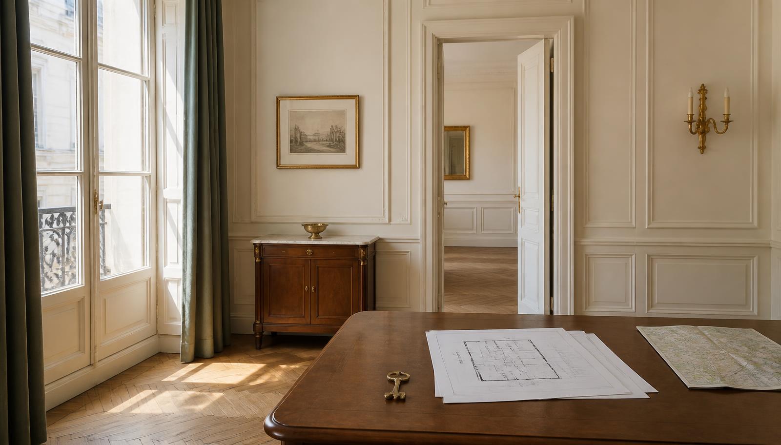 A prepared classical room in morning light, with an architectural plan, a residence key and a city map upon a walnut table.